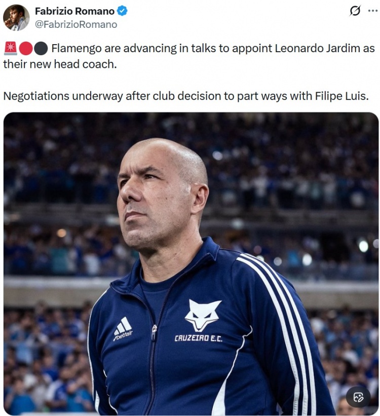 罗马诺：费利佩离任后，弗拉门戈接近聘任雅尔丁作为球队新帅